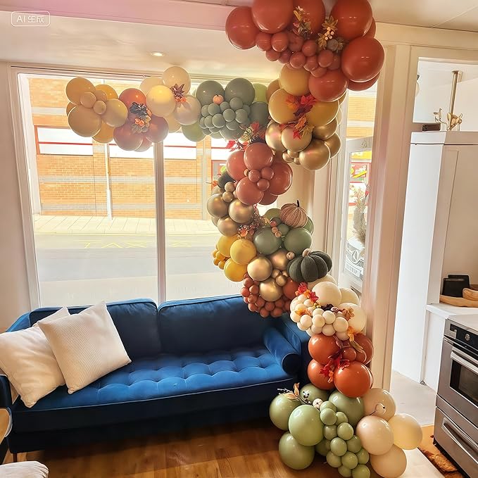 124pcs Fall Balloon Arch Kit, Thanksgiving Garland with Sage Green Burnt Orange Brown Coffee Sand Nude Metallic Gold Balloons for Fall Thanksgiving Autumn Harvest Birthday Party Decorations