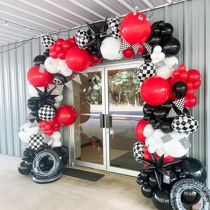 Racing Car Balloons Arch Garland Kit, Red and Black White Checkered Foil Balloons Garland Kit, Wheels Balloon for Boys Birthday Baby Shower Race Car Theme Party Decorations Supplies