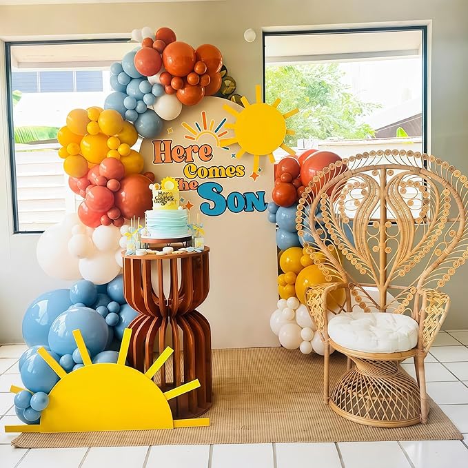 Here Comes the Son Balloon Arch Kit, 128pcs Retro Blue and Yellow Balloons Garland kit, Slate Blue and Beige Balloon for kids Baby Shower Gender Reveal Birthday Boho Anniversary Party Decoration