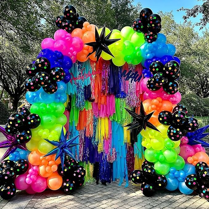 175Pcs Neon Balloons Arch Garland Kit, Glow in the Dark Balloons (Rainbow Star Dot) for Back to 80s 90s DISCO Birthday Party Decorations, Fiesta, Let's Glow Party, Rock Roll Party Supplies