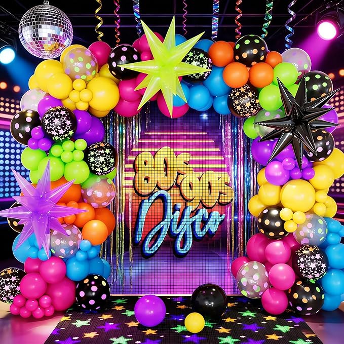 DBKL 190Pcs Neon Balloons Arch Garland Kit with Glow in the Dark Neon Balloons, Rainbow DISCO Birthday Party Decorations for Back to 80s 90s Birthday Disco Party Supplies