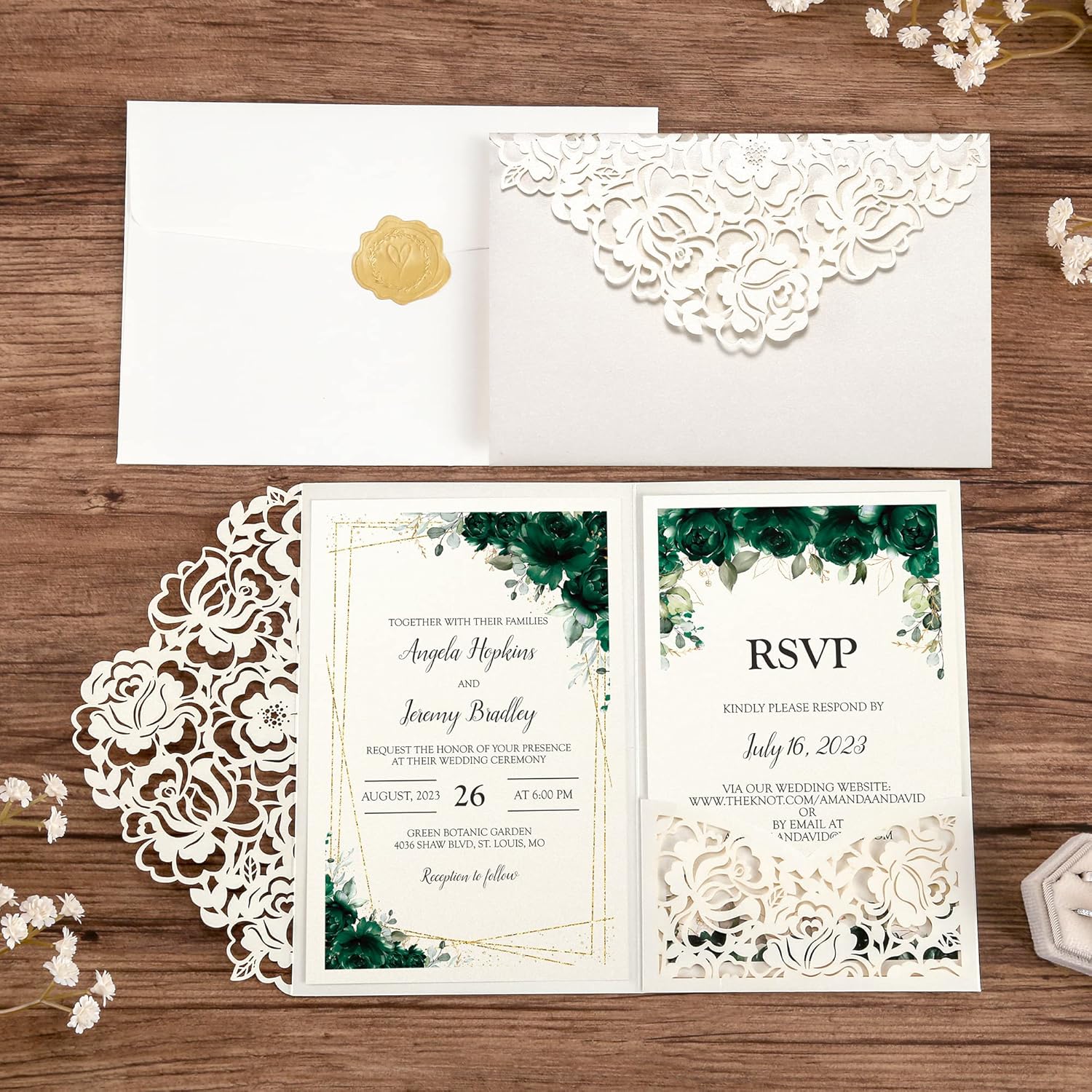 DORIS HOME 50pcs Laser Cut Wedding Invitations with Envelopes and RSVP Cards Green and Ivory White, 4.7x7.1 Personalized Invitation Cards for Wedding, Anniversary Invitations with Envelopes