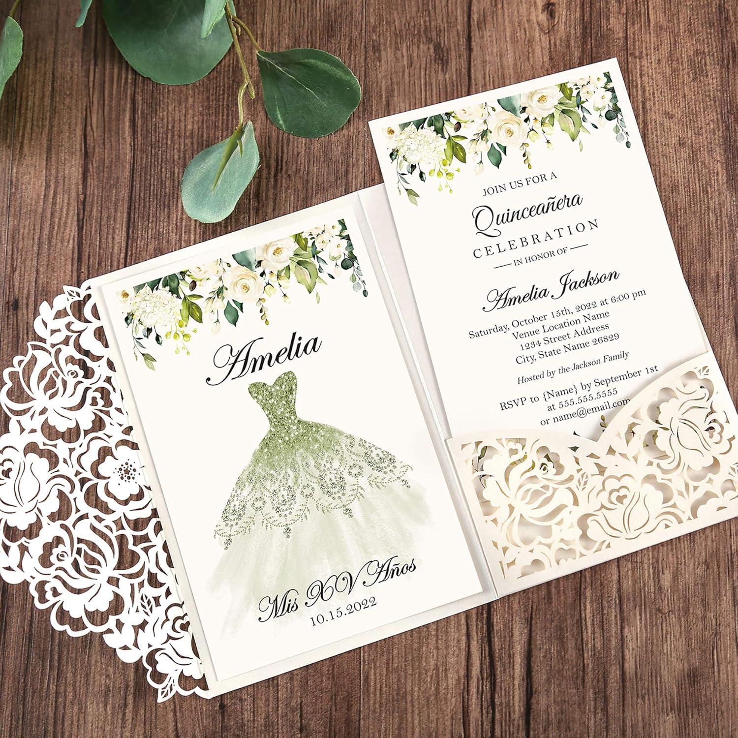 DORIS HOME 50pcs Laser Cut Quinceanera Invitations Green and Ivory White, 4.7x7.1 Blank Quince Invitations for 15th Birthday, Invitation cards for Sweet 16 with Envelopes
