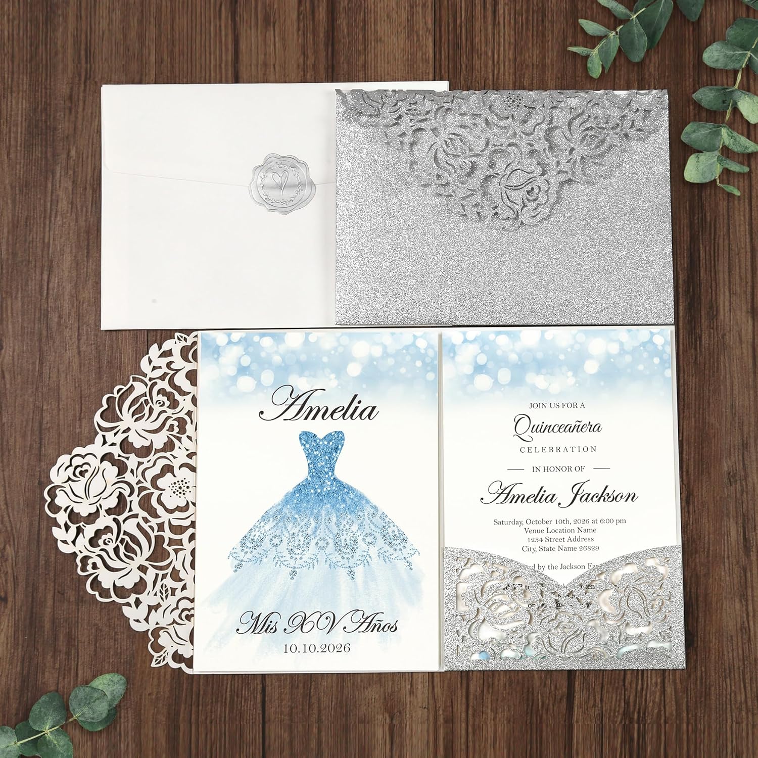DORIS HOME 50pcs Laser Cut Quinceanera Invitation Pockets with Envelopes Silver Glitter, 5.12" x 7.12"Invitation Cards for Birthday, Miss 15, Sweet 16 (No Inserts Included)