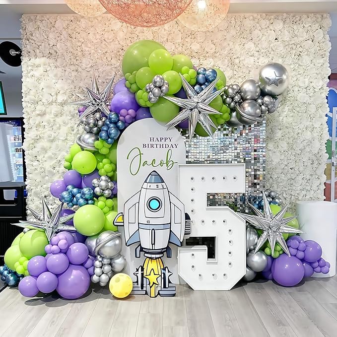 117PCS Purple Green Balloon Garland Kit, Space Birthday Decorations Lime Green Purple Metallic Blue Silver Balloons with Star Balloon Arch for Kids Boys Monster Toy Theme Baby Showr Party Decor