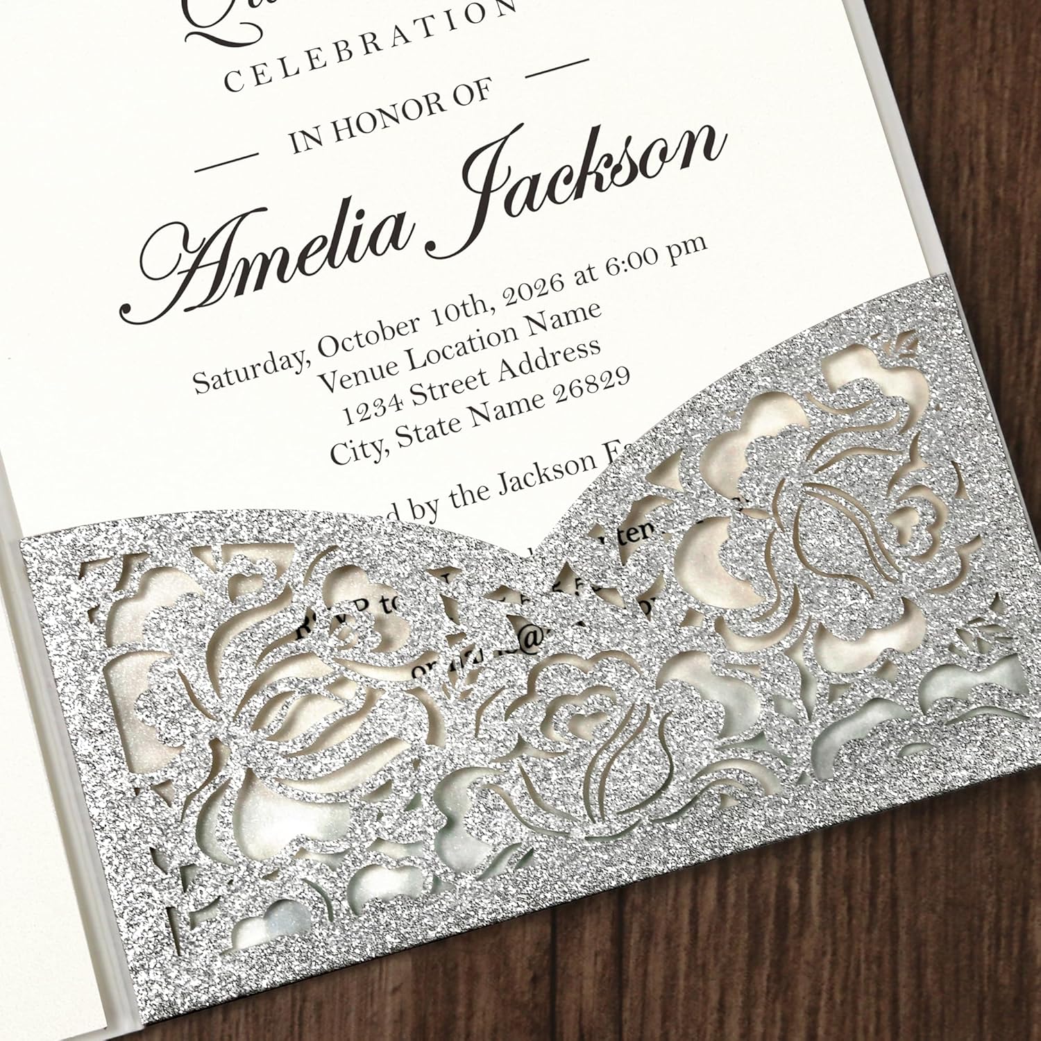 DORIS HOME 50pcs Laser Cut Quinceanera Invitation Pockets with Envelopes Silver Glitter, 5.12" x 7.12"Invitation Cards for Birthday, Miss 15, Sweet 16 (No Inserts Included)